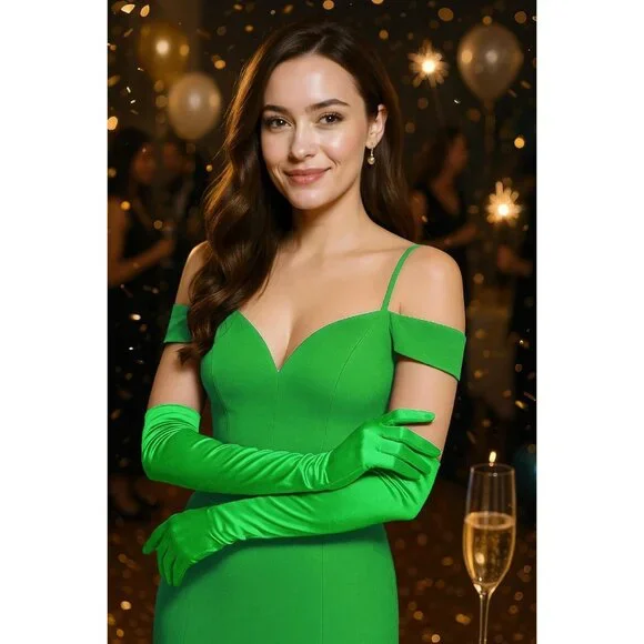 Women's Green Vintage Satin Long Gloves Party Tea Costume Stretchy Elbow Length - Picture 3 of 6